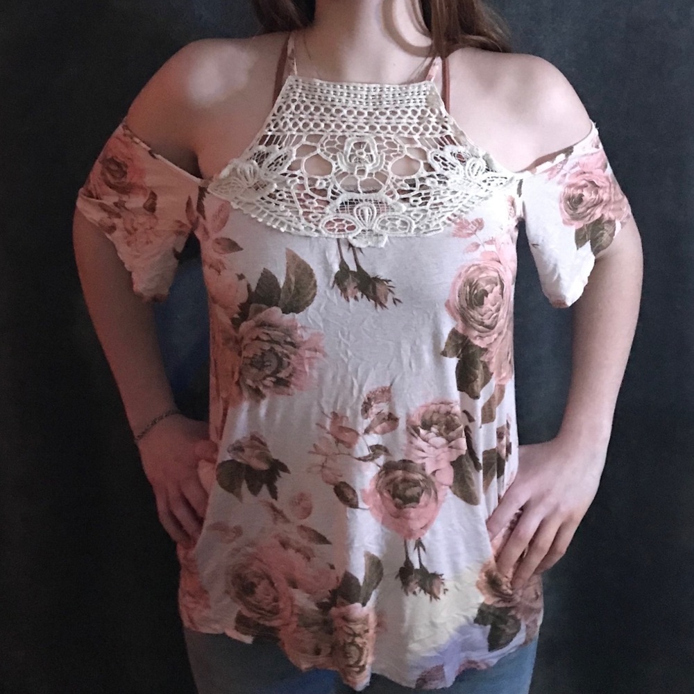 Floral Cold Shoulder High Neck Top